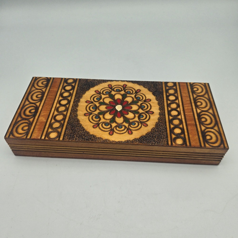 Vintage Polish Folk Art Hand Carved Painted Wood Trinket Box Hinged Pencils Desk